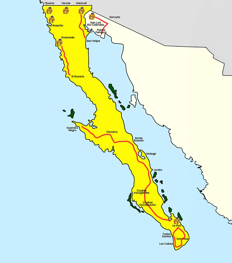 Mapa de ruta de entrega de Refaccionarias del Valle en Baja California y Sonora